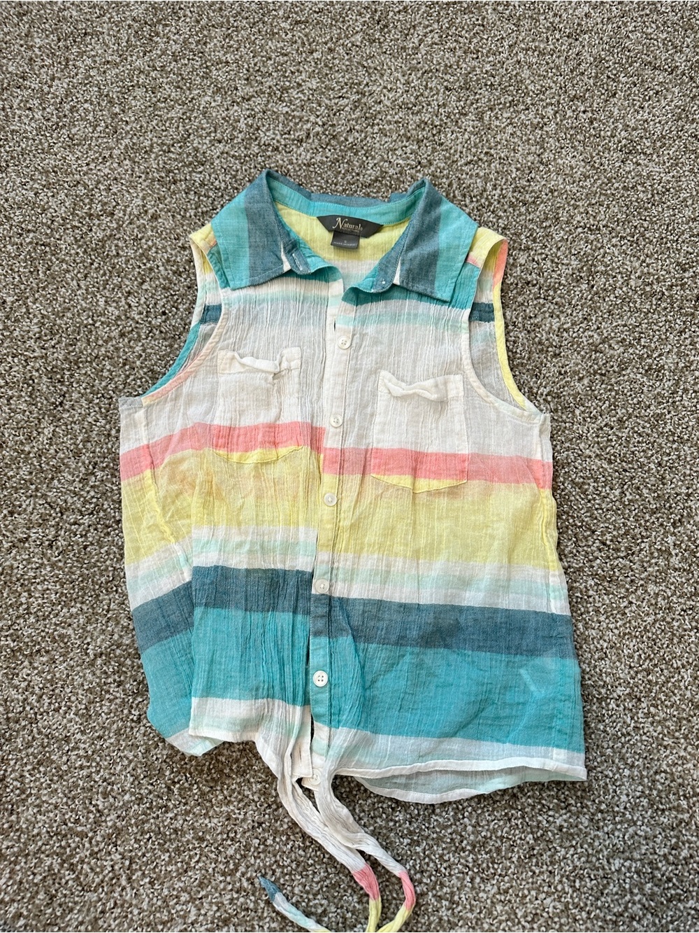 Colorful Sleeveless Button-Front Striped Tie-Hem Top